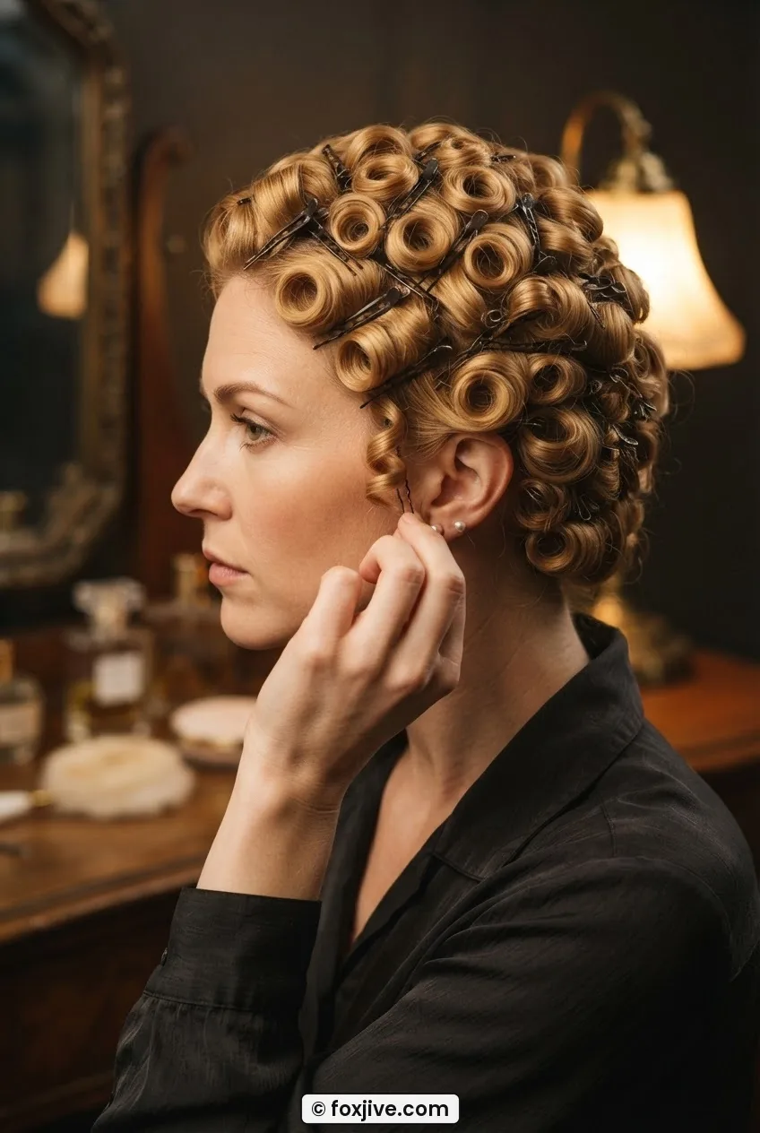Woman removing pin curl clips from a fully dried set revealing tight uniform curls across the whole head