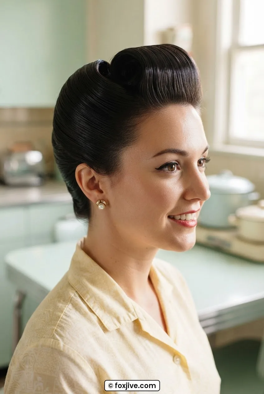 Woman with high-shine rockabilly pompadour rolled forward from hairline with smooth pomade finish