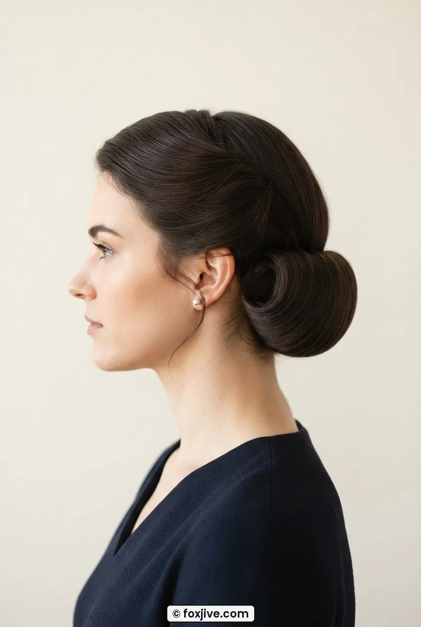 Woman in side profile wearing a 1940s horizontal cylindrical rolled nape bun with tuck line defined