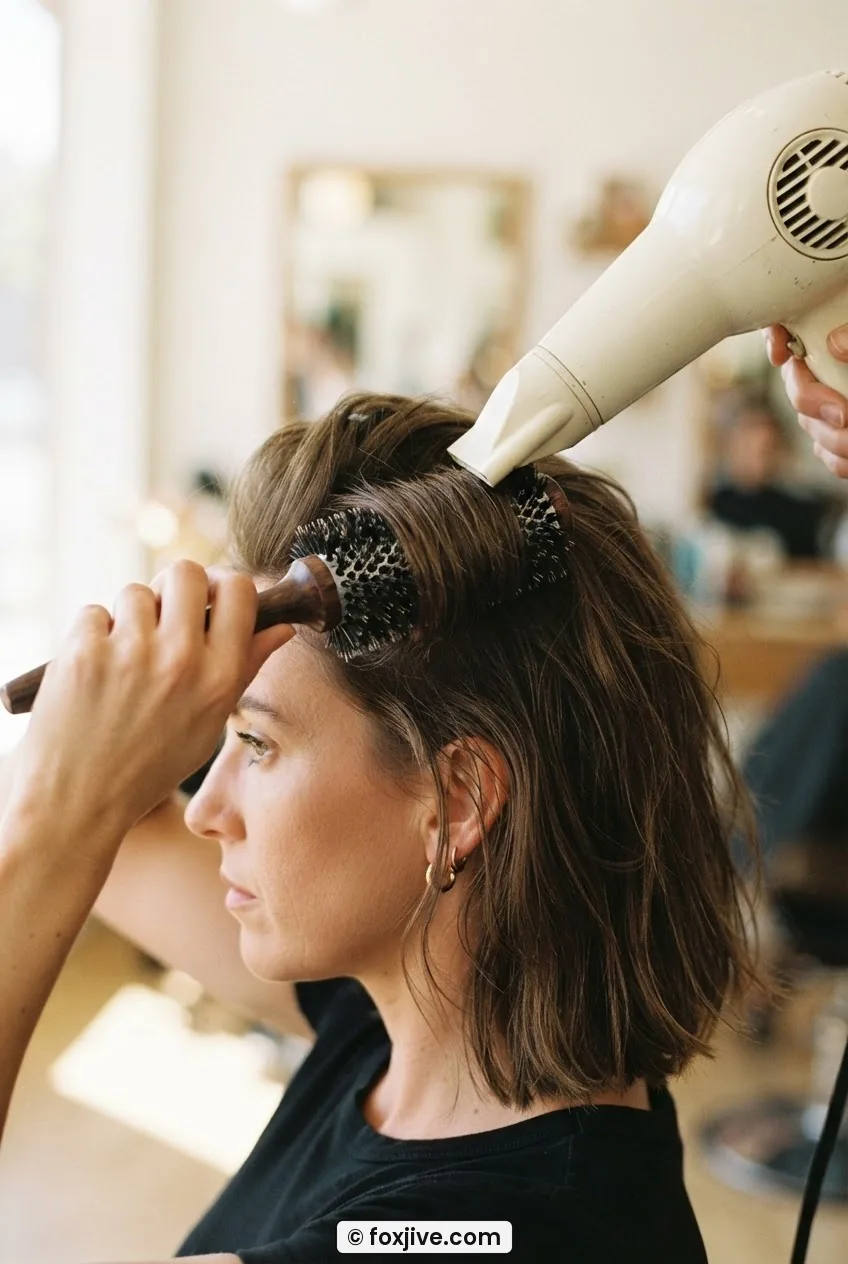 Side profile of woman placing large round brush under hair section near roots, concentrator nozzle aimed along brush