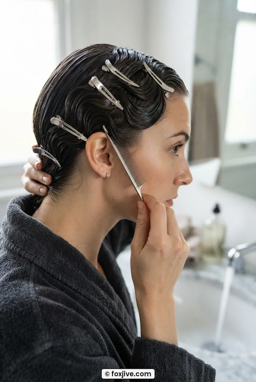 Multiple alternating S-curve ridges clipped down the side of a woman's head from hairline toward nape in bright bathroom light