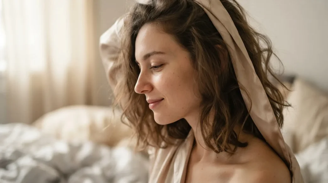 Woman in satin sleep wrap half undone in soft morning window light, side profile from wrap to collarbone