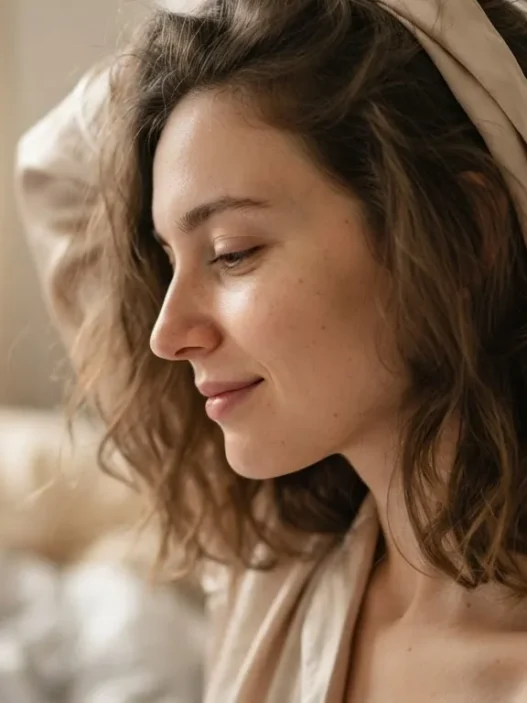 Woman in satin sleep wrap half undone in soft morning window light, side profile from wrap to collarbone
