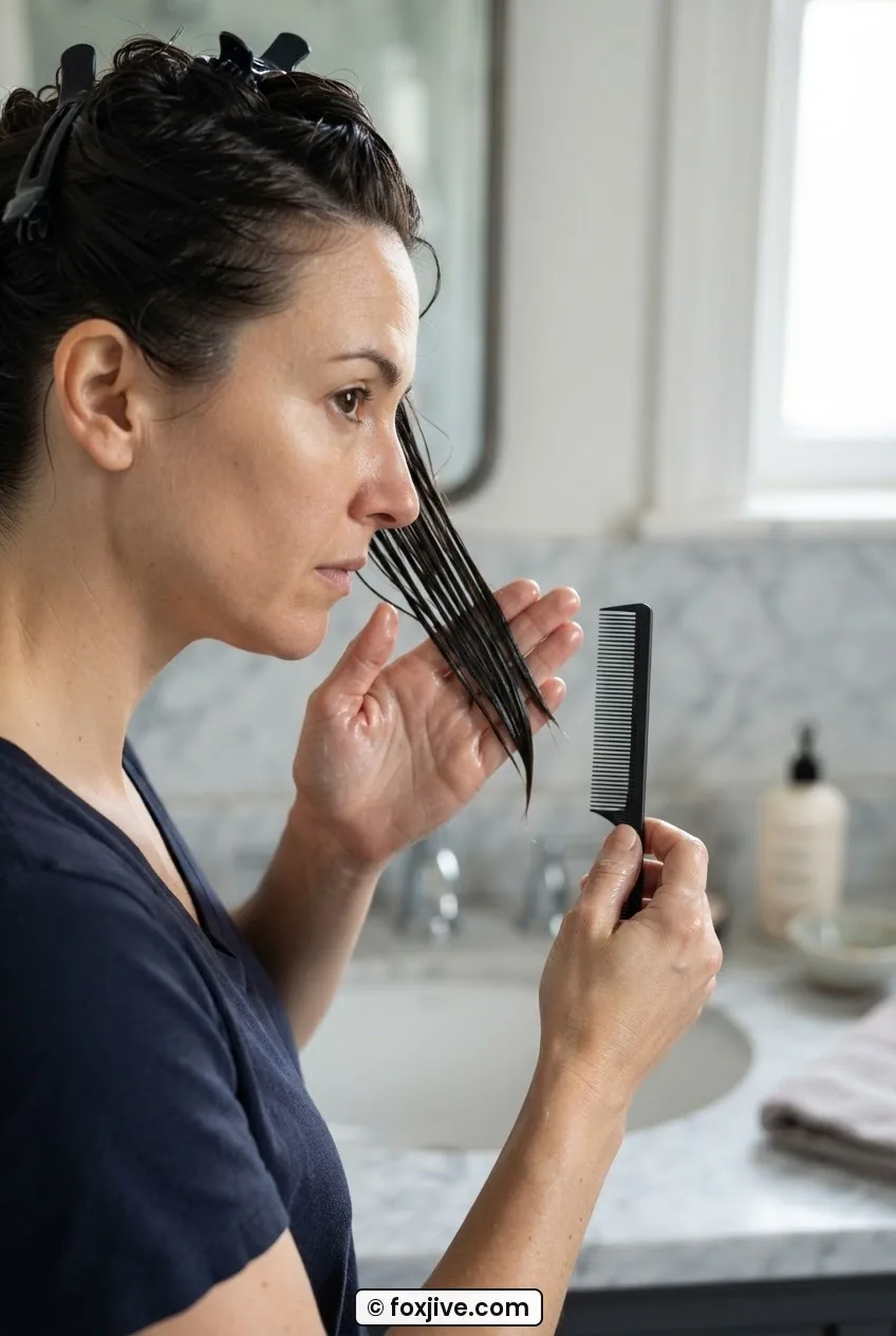 Woman smoothing setting lotion through a horizontal section of damp hair with pintail comb ready in hand
