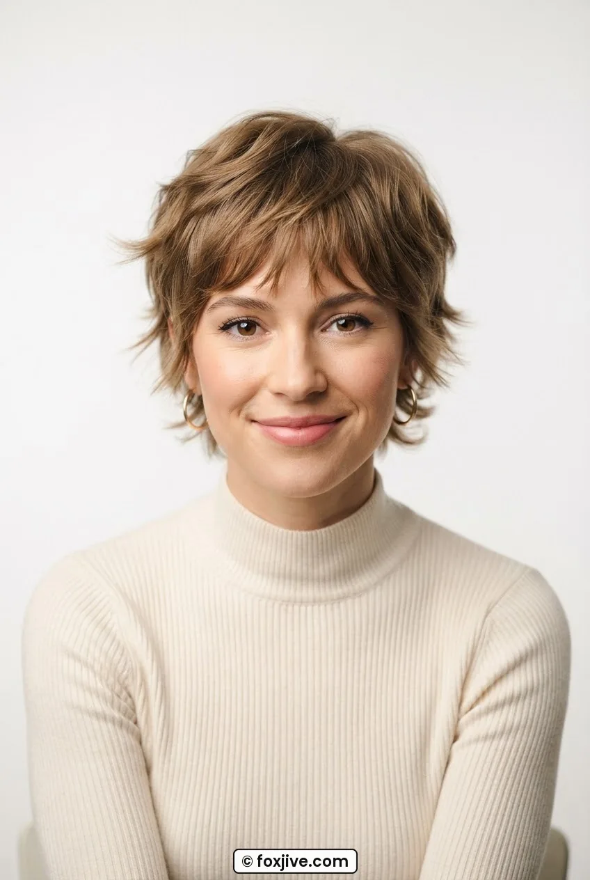Woman with early seventies feathered pixie showing soft layered feathering fanning from the crown under warm diffuse studio light