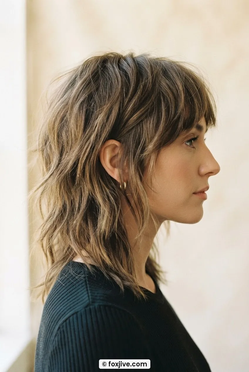 Side profile of woman with six-inch 1970s grow-out shag showing choppy feathered layers and loose curtain fringe