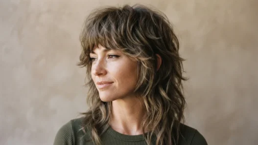 Woman with heavily layered seventies shag showing distinct layer tiers in warm directional light against a plain backdrop