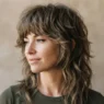 Woman with heavily layered seventies shag showing distinct layer tiers in warm directional light against a plain backdrop