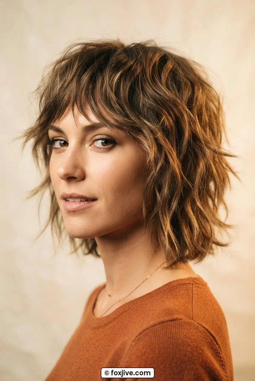 Three-quarter view of woman with three-inch seventies textured crop showing choppy tousled layers with sea salt texture
