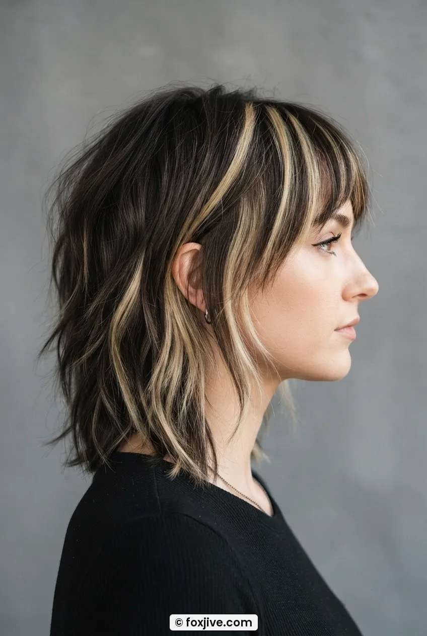 Woman with grown-out shaggy bob and heavier side-swept bang blending into the first hair layer