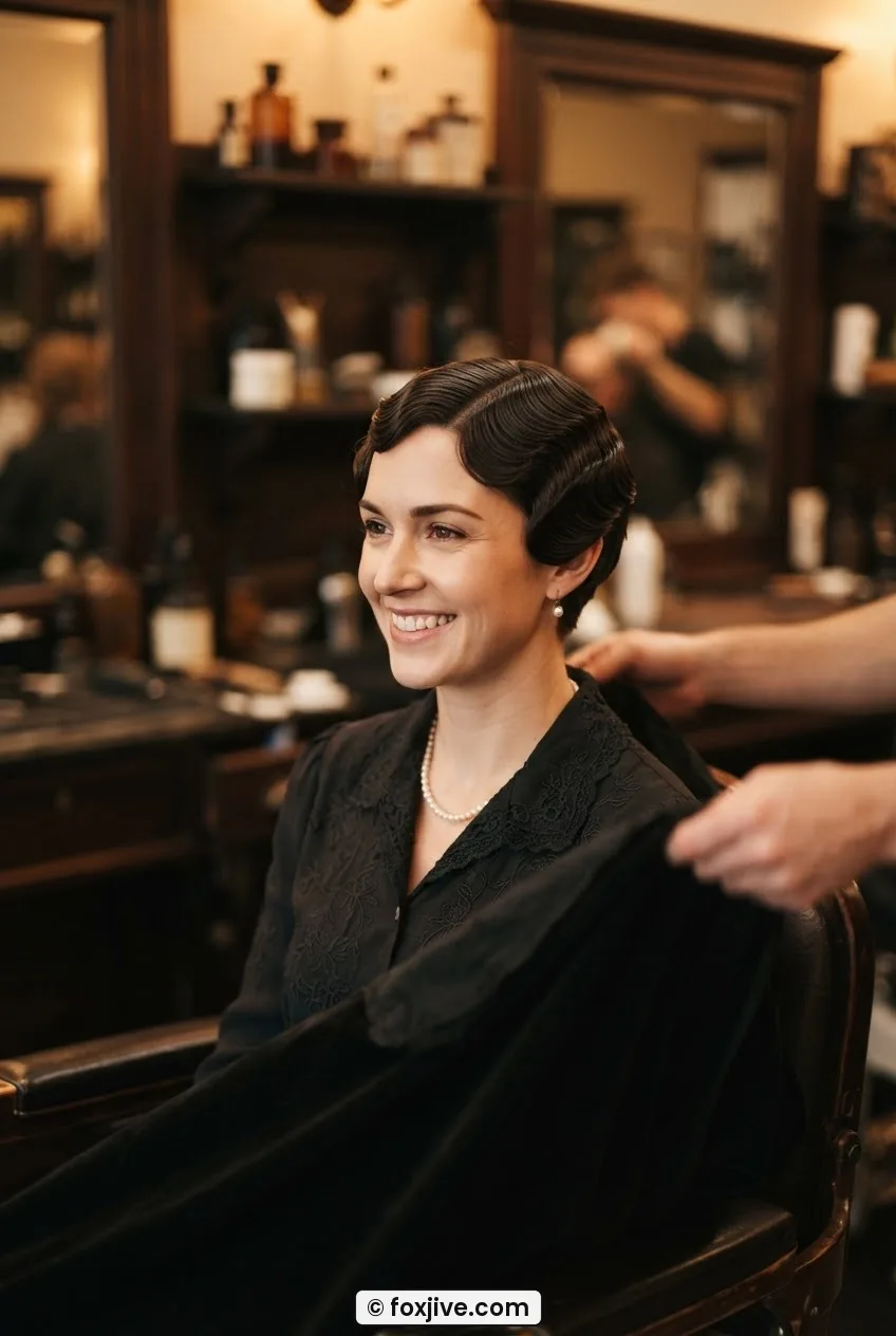 Woman with severe shingled bob tapering at the nape and marcelled crown waves in a vintage salon chair