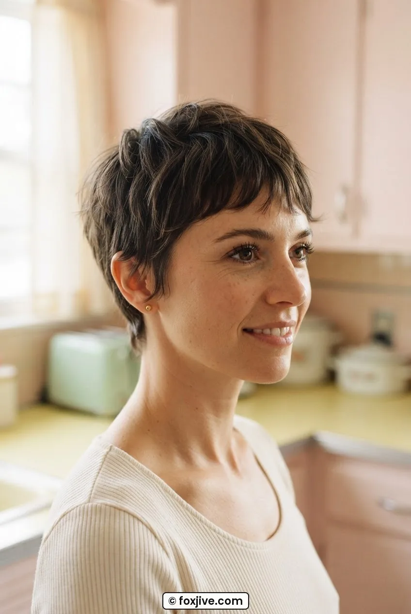 Woman with very short feathery Italian boy cut showing wispy temple pieces in warm window light