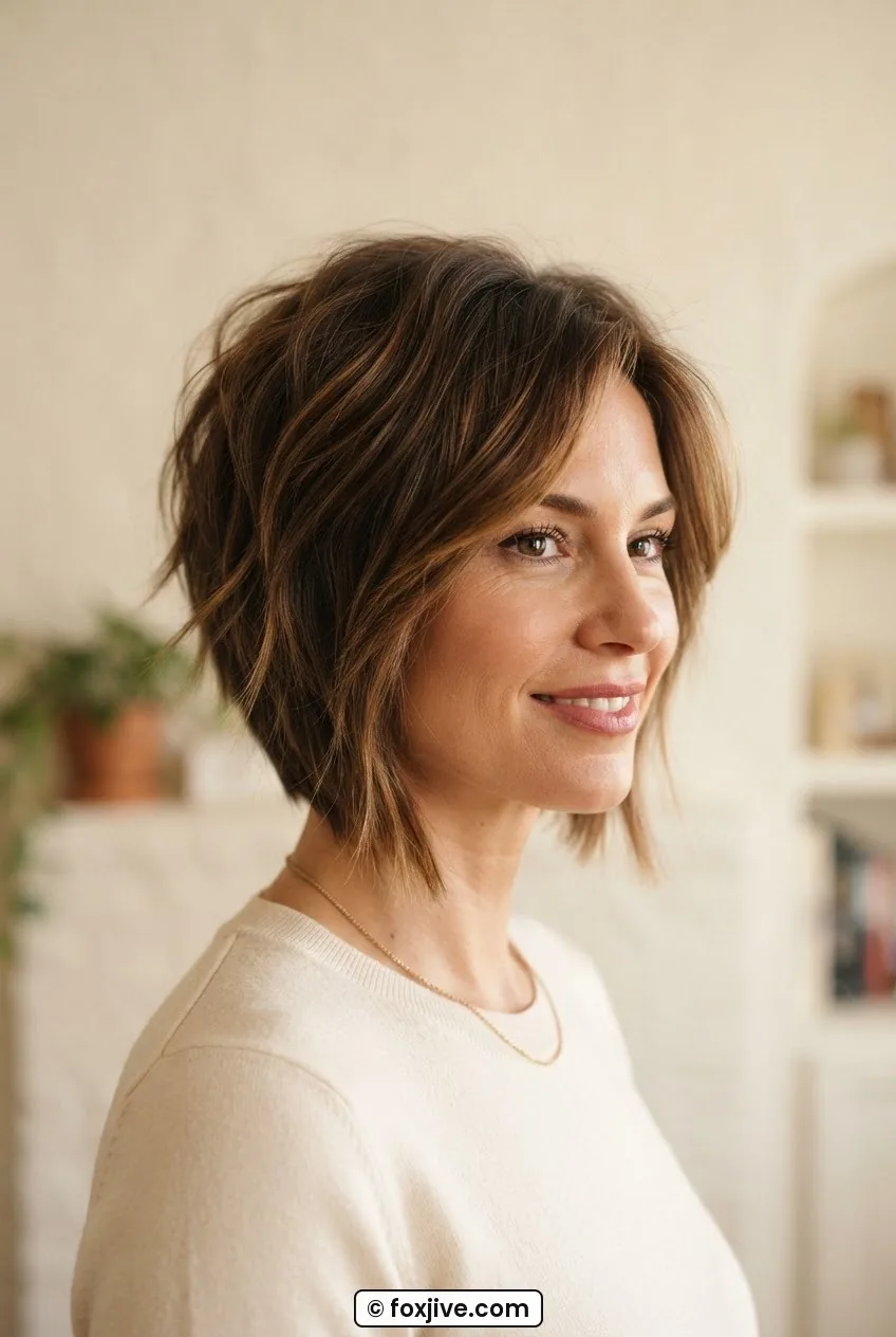 Woman with short stacked shag at collarbone length showing A-line silhouette and volumized crown