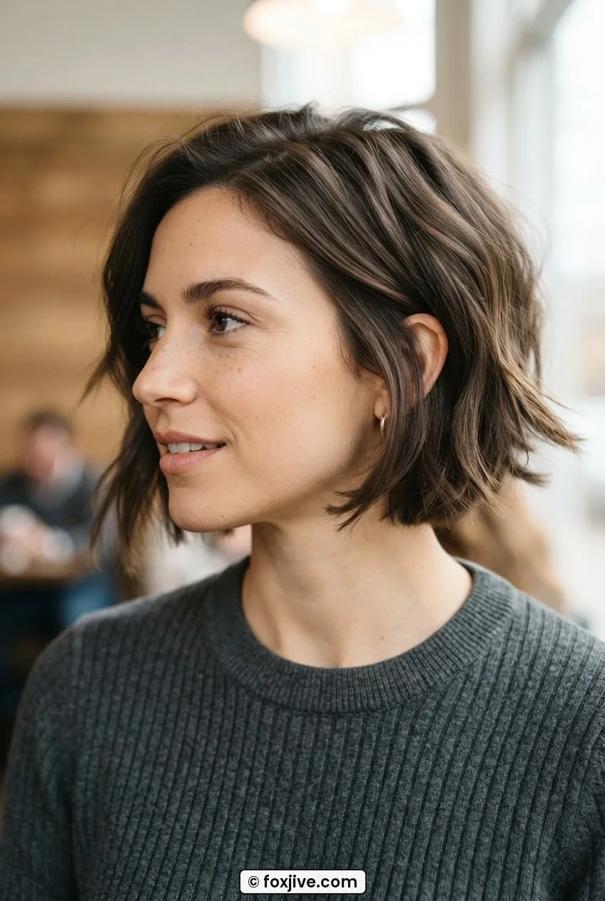 Close view of a woman with a chin-length textured bob showing point-cut ends and a natural slight flick in soft overhead light