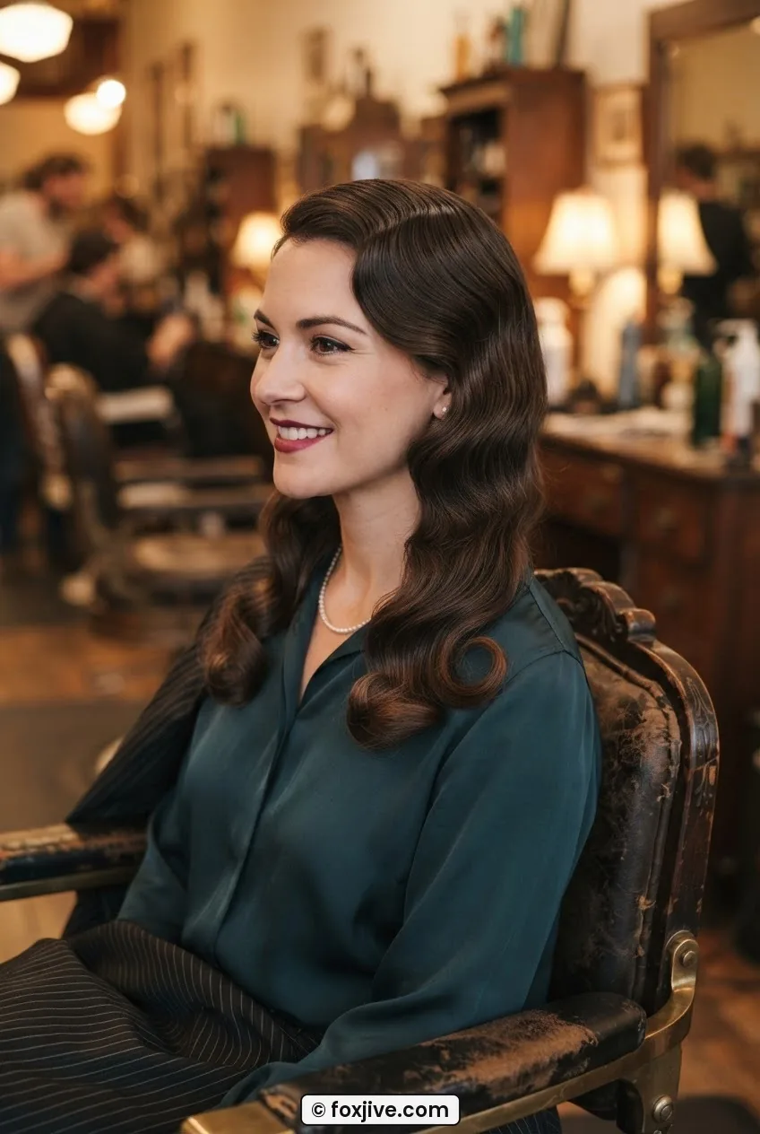 Woman with shoulder-length dark hair showing defined 1930s wave pattern fading to soft single curl at ends