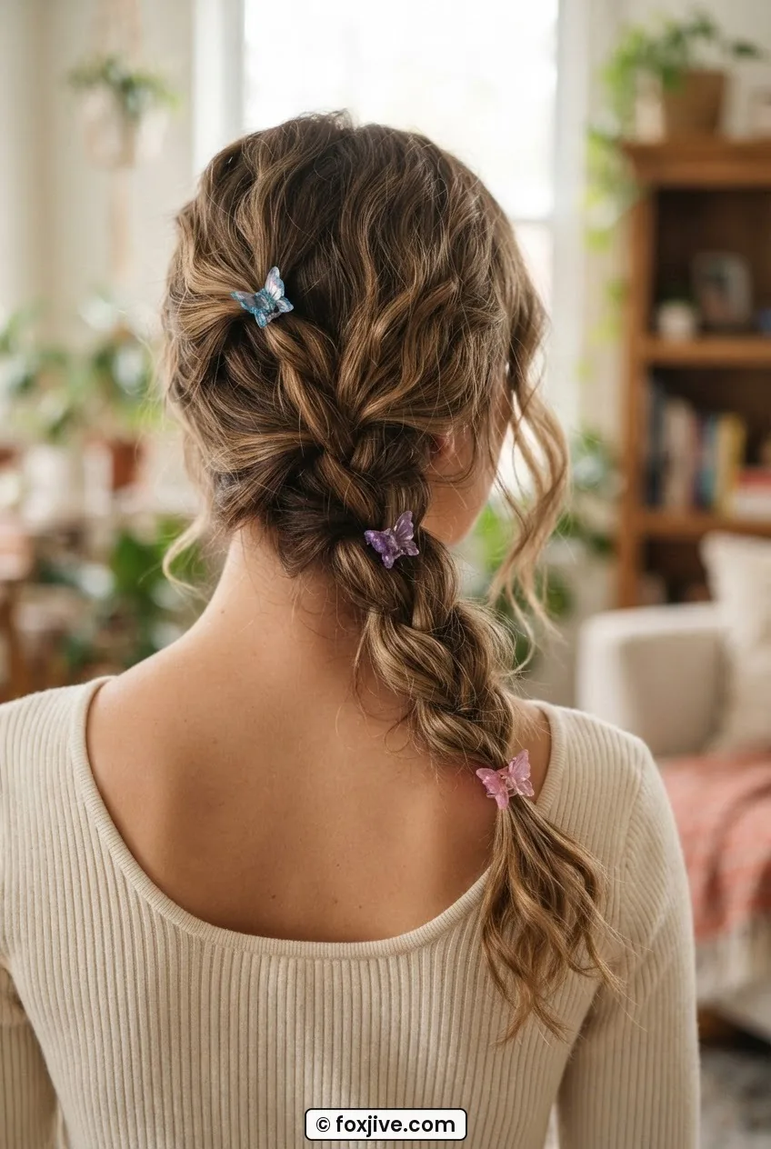 Back view of woman with a loose undone side braid and three mini butterfly clips placed at intervals along its length