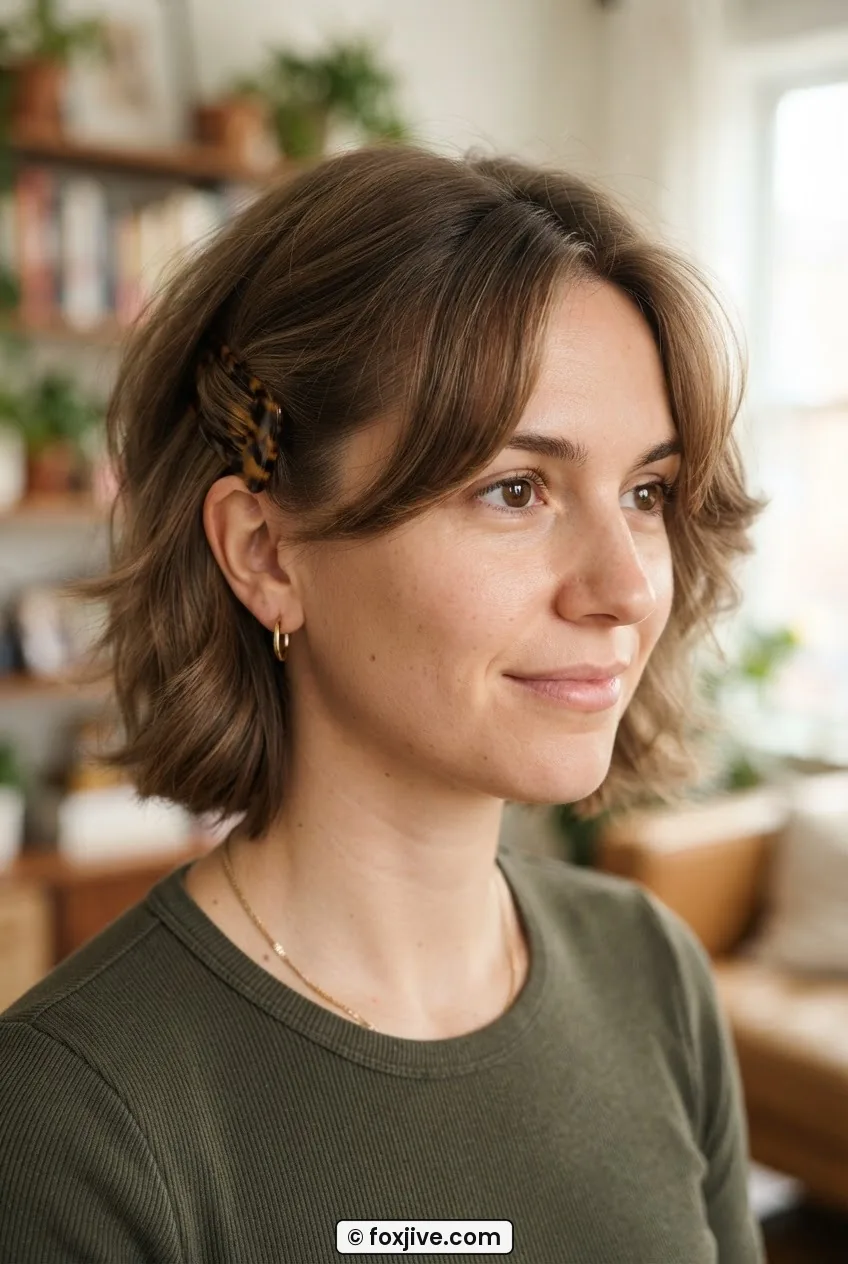 Woman with nineties layered cut wearing single tortoiseshell side comb above left ear creating asymmetric curtain bang look