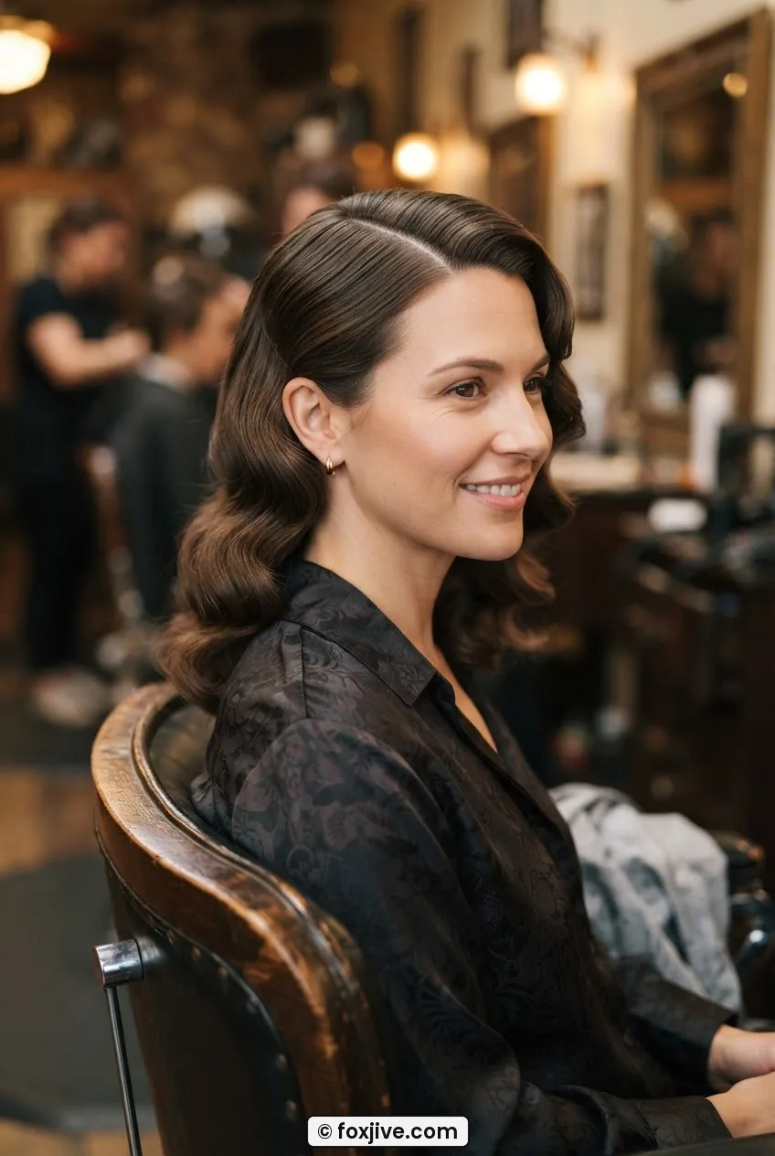 Woman with brunette side-parted 1930s wave set showing flat crown and ear exposed in old-fashioned salon chair