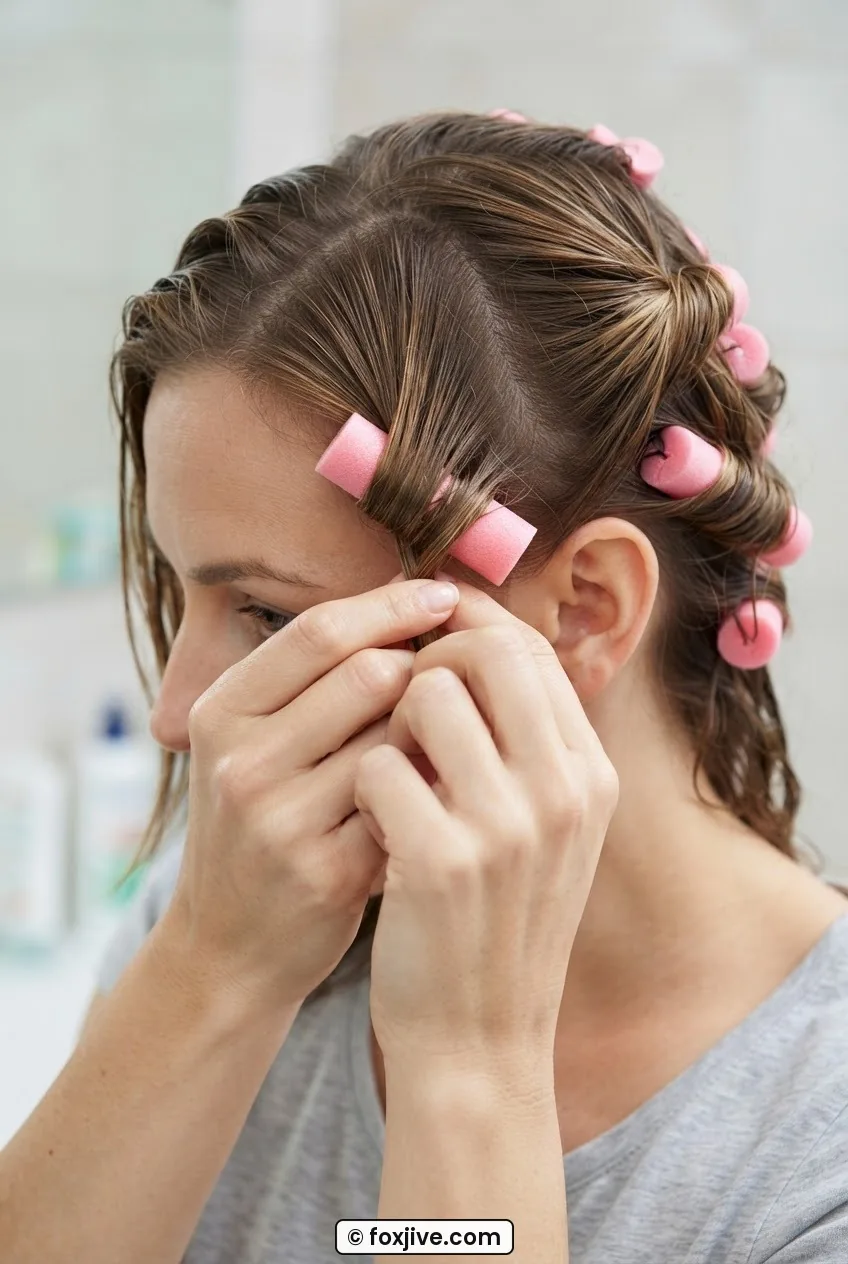 Woman setting side hair sections onto small foam rollers angled away from the face in bright even studio light