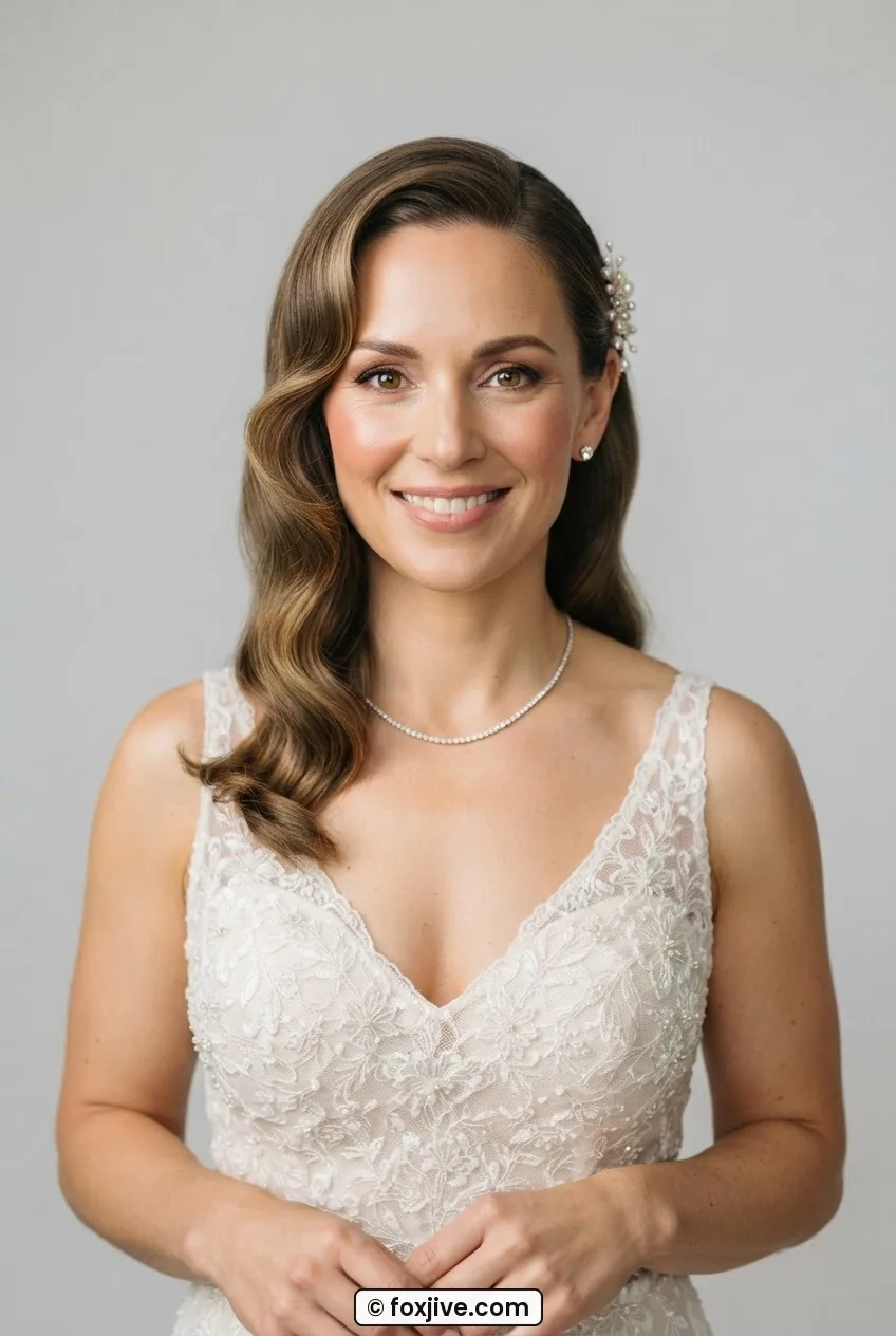 Woman with a deep side part and a sweeping S-curve wave tucked behind one ear, ends loosely bent, light grey studio backdrop