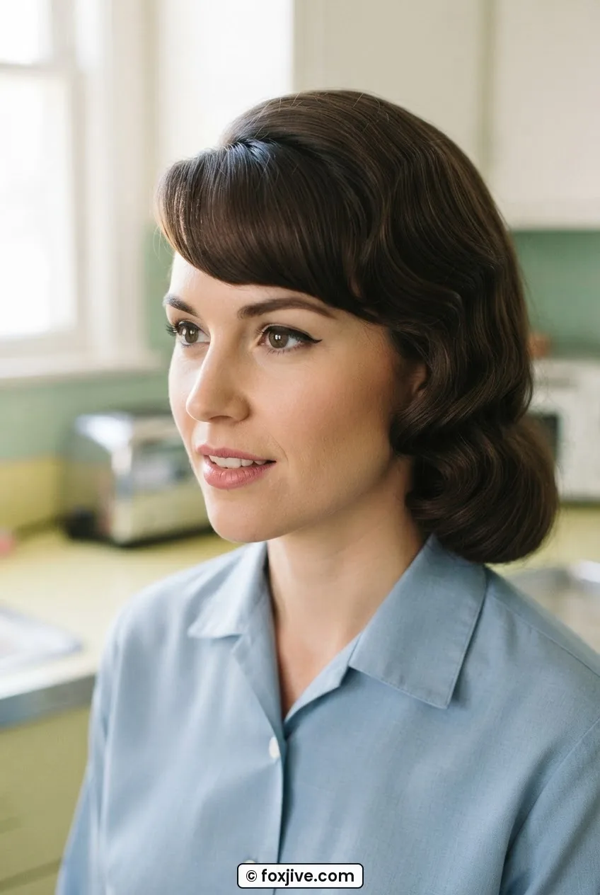 Woman with dramatic side-swept vintage fringe swept across forehead and smooth waves in morning light