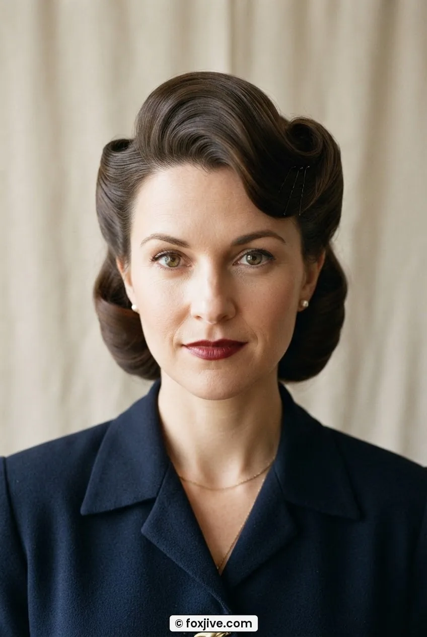 Woman with large side-swept pompadour fold pinned over right temple in a smooth forties wave against beige backdrop