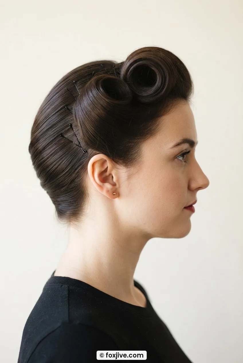 Woman in side profile wearing a single side-swept victory roll pinned above the ear against pale backdrop