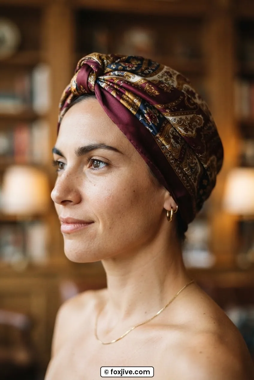 Woman wearing deep silk scarf turban with 1940s front knot in soft diffused light, three-quarter side profile