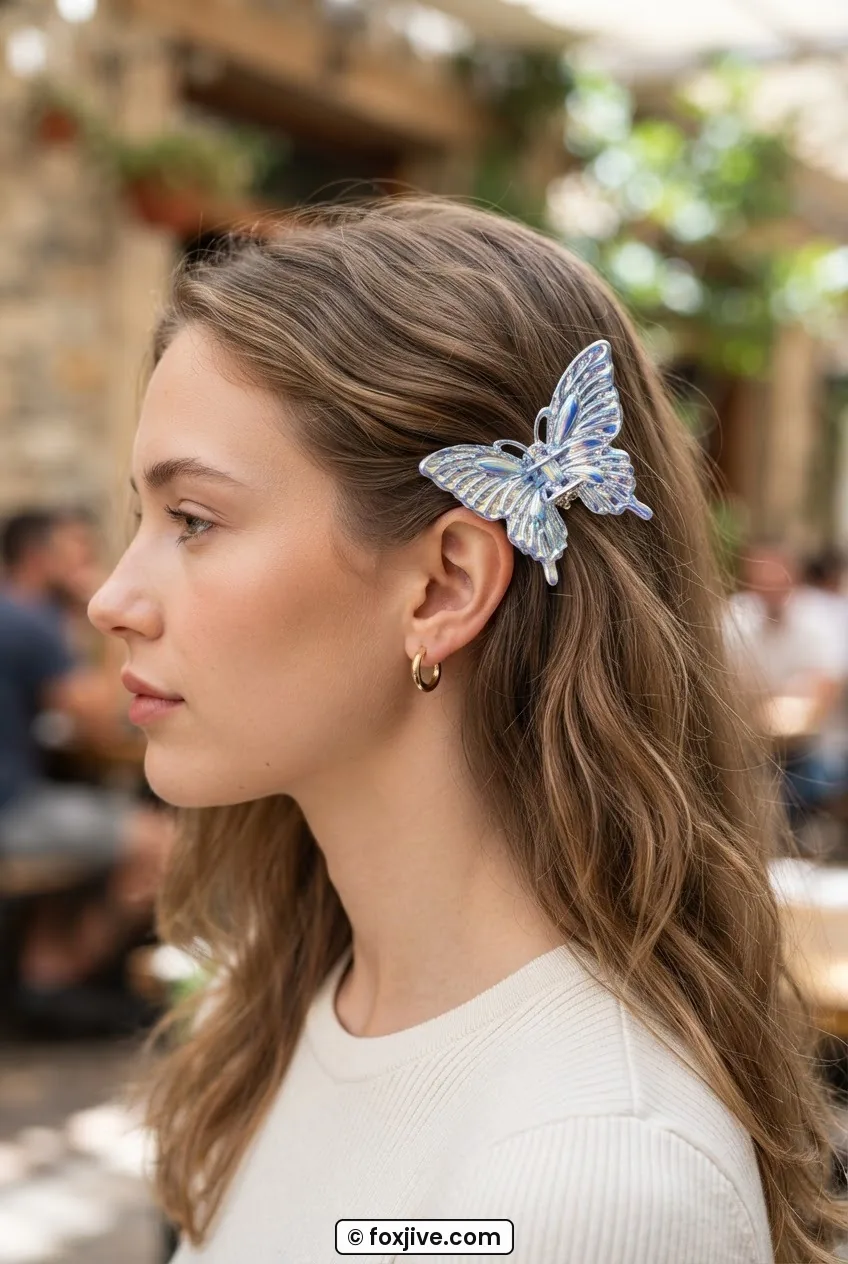 Side three quarter view of woman with one large chrome butterfly clip pinning a small section behind her ear, rest of hair loose