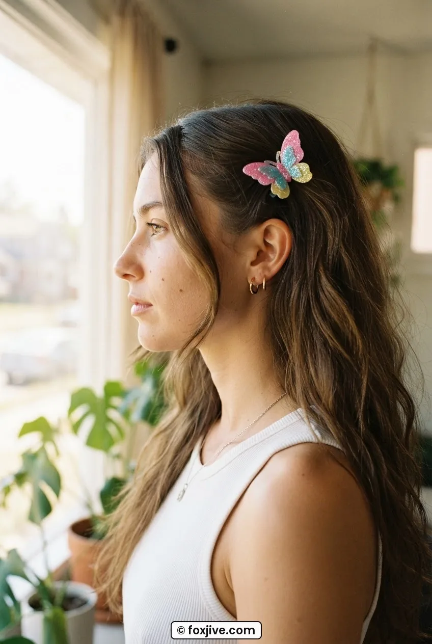 Side profile of woman with long brunette hair, one butterfly clip pinning back a single face-framing section near her temple