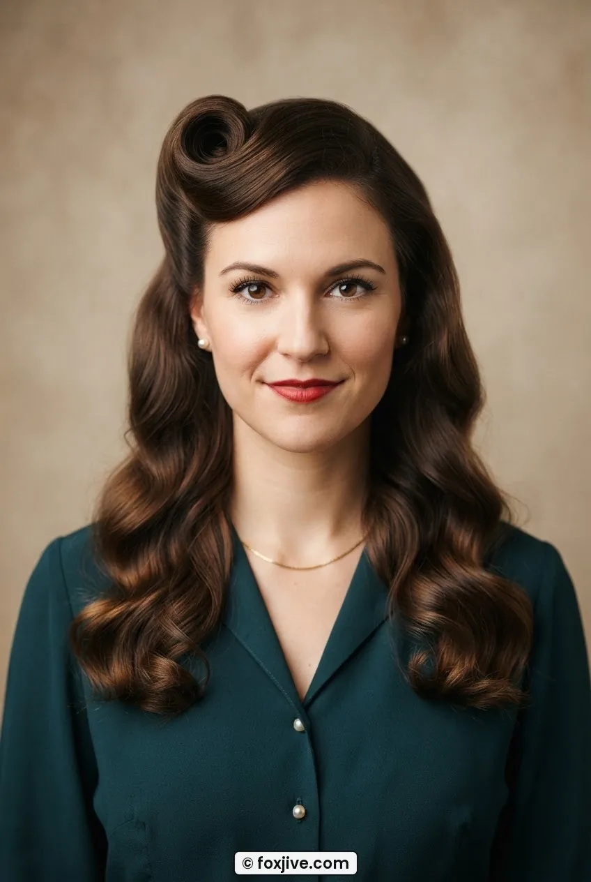 Woman with off-center single victory roll at front and brushed-out soft S-wave loose waves below