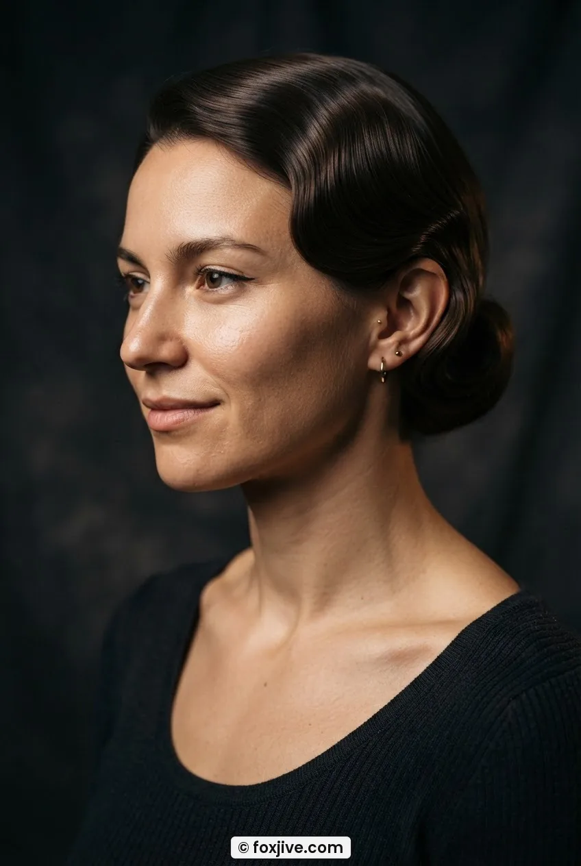 Woman with a sweeping single wave tucked behind one ear under warm directional studio spotlight