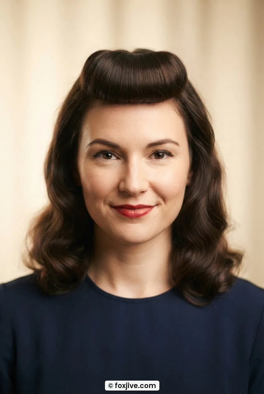 Woman with a single centered victory roll above her forehead and loose waves worn down, warm cream backdrop