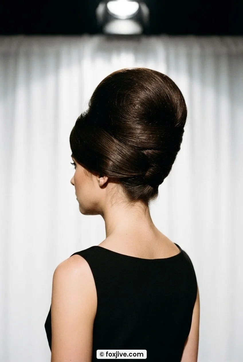Woman with a tall lacquered sixties beehive photographed from behind with overhead spotlight creating shadow at the nape