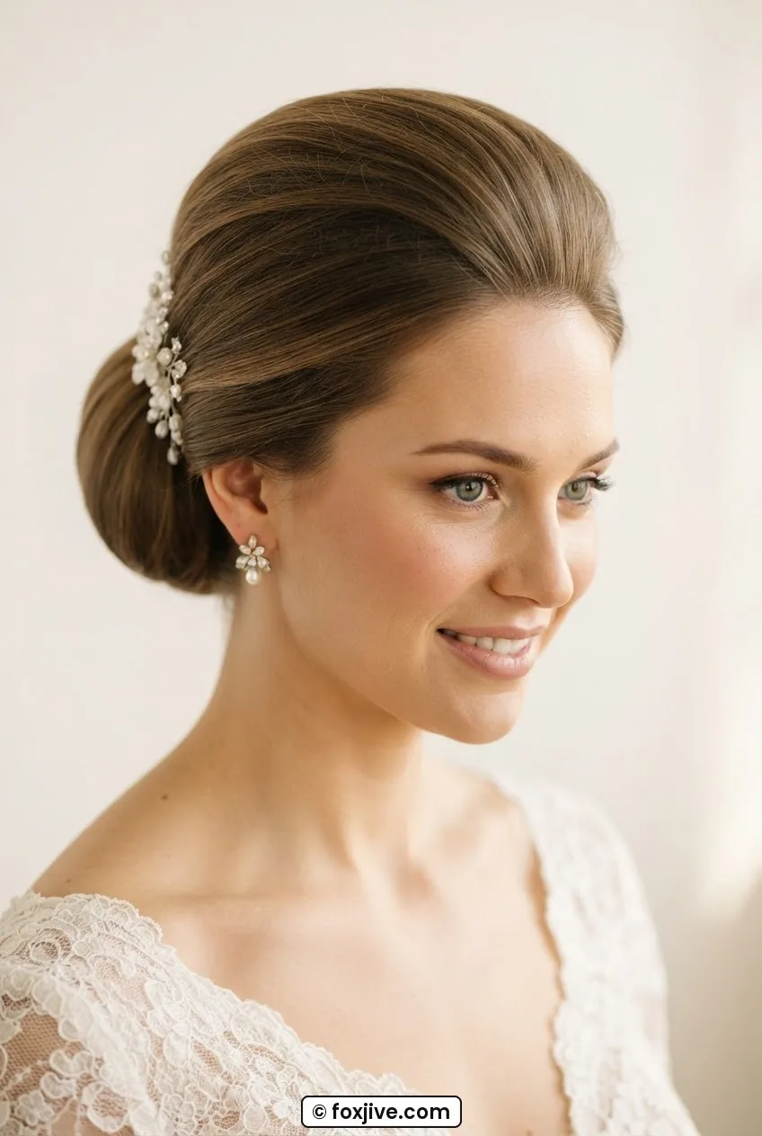 Front three-quarter view of woman with smooth structured sixties bridal chignon under warm studio light