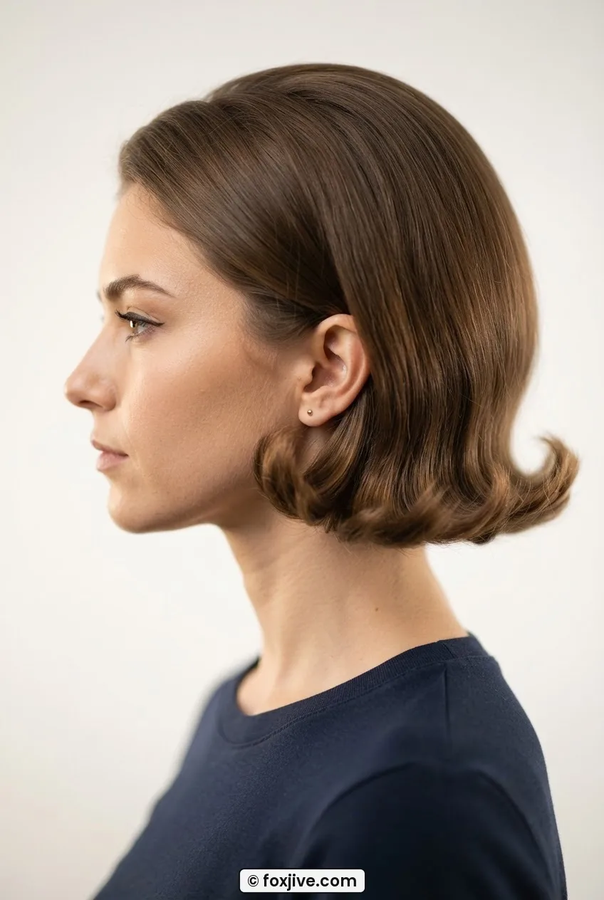 Woman with jaw-length sixties flip hairstyle showing gentle outward curl at ends under warm studio light