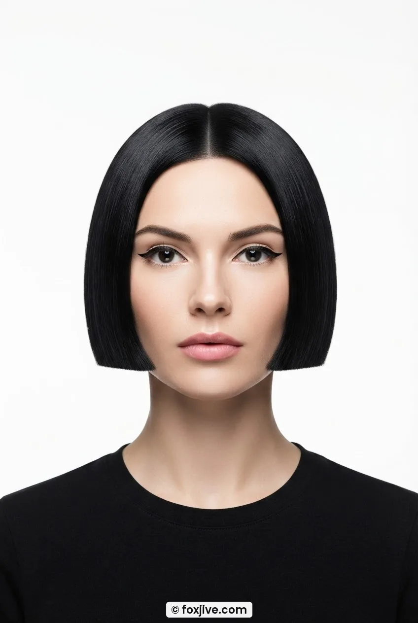 Front-on portrait of woman with blunt five-inch 1960s geometric bob perfectly level at the jaw on white backdrop