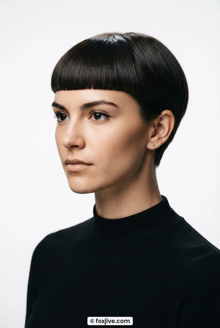 Woman with precise blunt sixties fringe cut straight across the brow photographed in three-quarter view under top-down studio light
