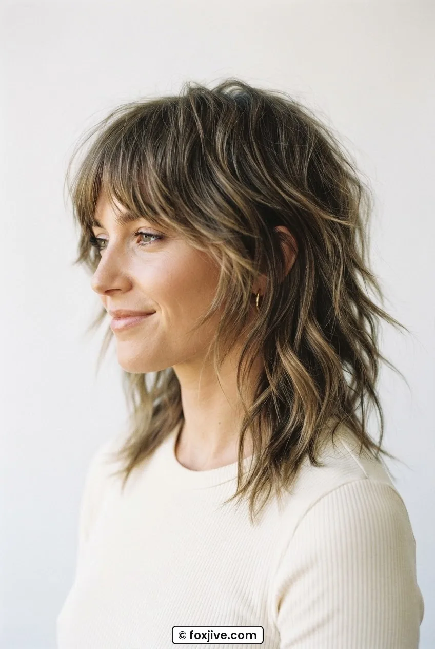 Three-quarter side view of woman with sixties layered shag cut and curtain fringe grazing eyebrows
