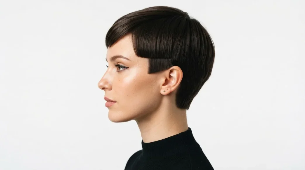 Woman with sharp sixties mod pixie cut in side profile against plain white backdrop under hard studio light