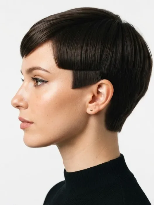 Woman with sharp sixties mod pixie cut in side profile against plain white backdrop under hard studio light