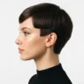 Woman with sharp sixties mod pixie cut in side profile against plain white backdrop under hard studio light