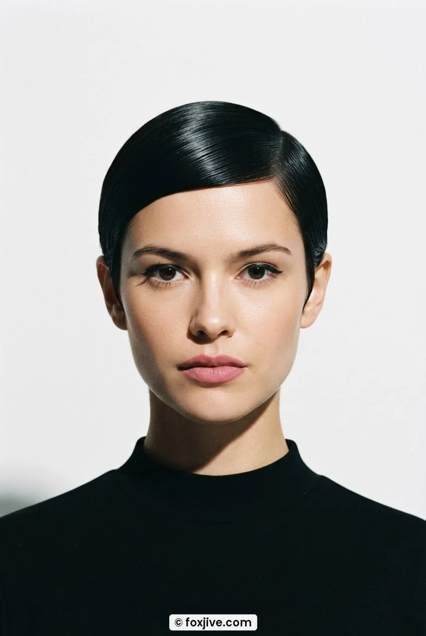 Woman with flat smooth sixties mod pixie photographed front-facing under directional studio light on white background
