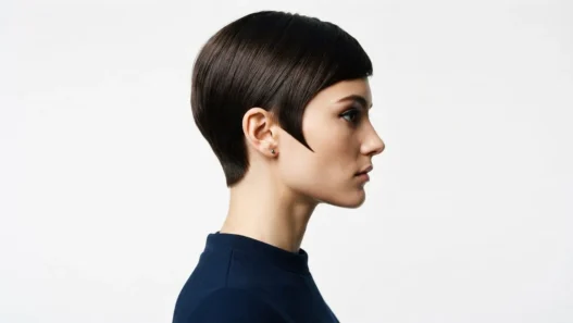 Side profile of woman with sharp mod pixie cut showing precise sideburn line against white studio backdrop