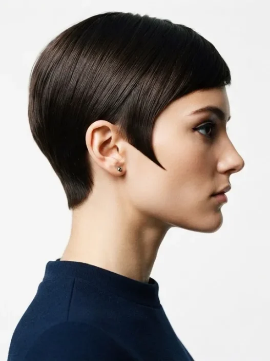 Side profile of woman with sharp mod pixie cut showing precise sideburn line against white studio backdrop
