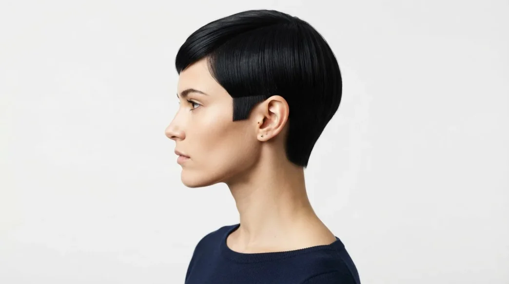 Side profile of woman with sharp sixties mod pixie cut showing razor-clean sideburn line against white backdrop