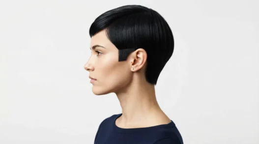 Side profile of woman with sharp sixties mod pixie cut showing razor-clean sideburn line against white backdrop