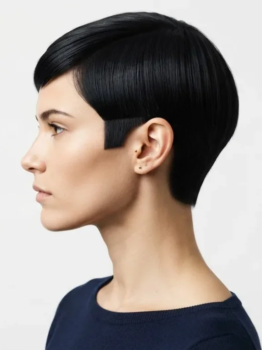 Side profile of woman with sharp sixties mod pixie cut showing razor-clean sideburn line against white backdrop