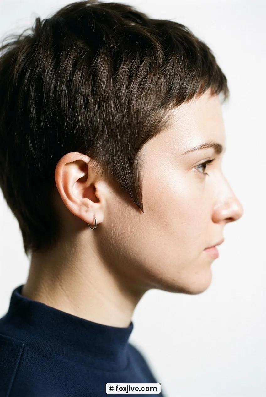 Close-up side profile showing razor-sharp sixties mod pixie sideburn line tapered to a fine point at the cheekbone