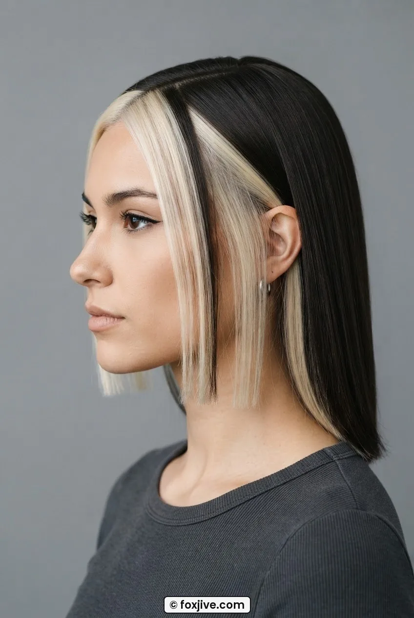Woman with sleek ruler-flat side-parted hair panels in matte finish with bold two-tone highlights